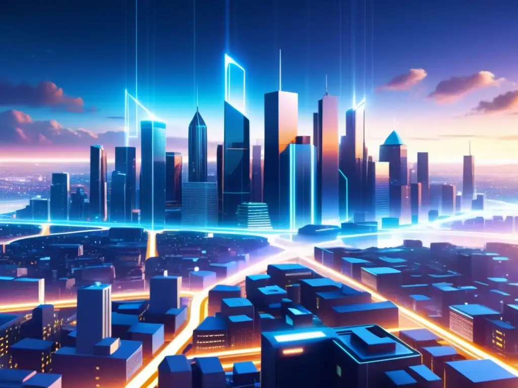 Metrópolis futurista: innovación y tecnología conectada Una ilustración digital detallada de una ciudad futurista con edificios interconectados de patrones geométricos resplandecientes