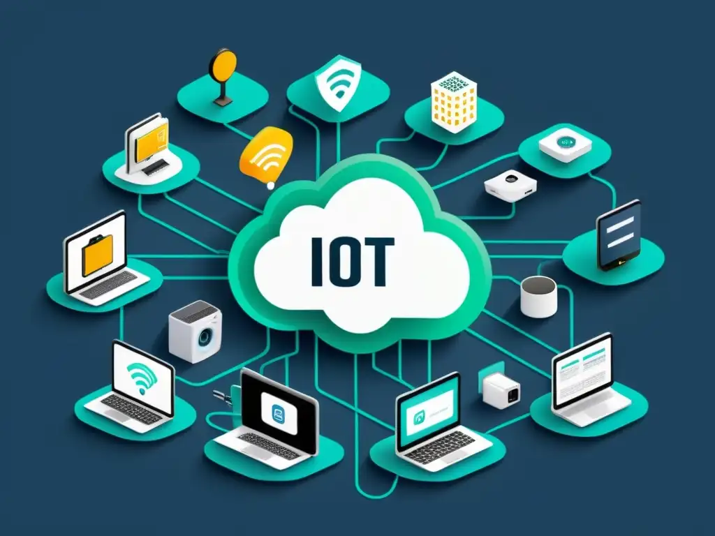 Una ilustración moderna y detallada de una red de dispositivos IoT interconectados, con gestión de identidades en IoT