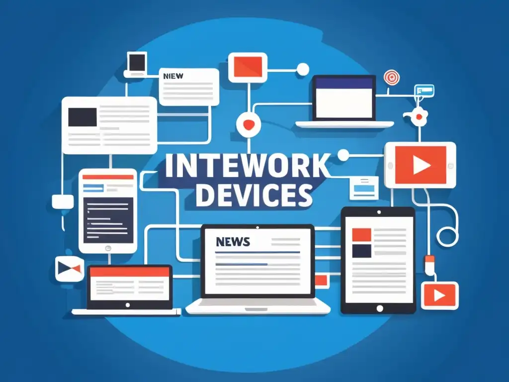 Una ilustración moderna muestra dispositivos interconectados con noticias y publicaciones en redes sociales