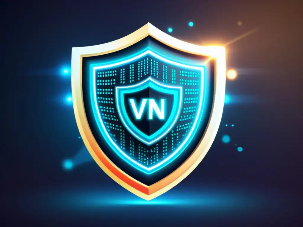 Una ilustración moderna de un escudo digital con patrones intrincados y un aura protectora, simbolizando la protección de identidad en línea con VPNs