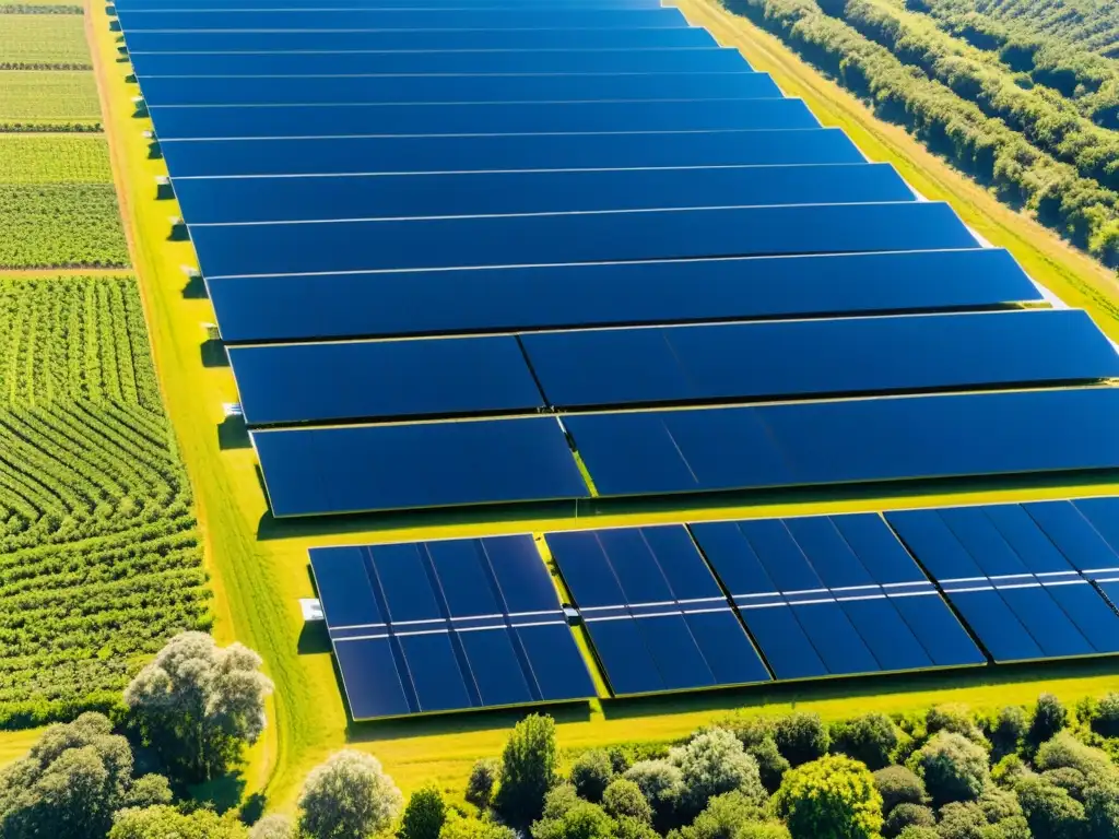 Imagen aérea de una extensa granja solar con paneles relucientes bajo un cielo despejado