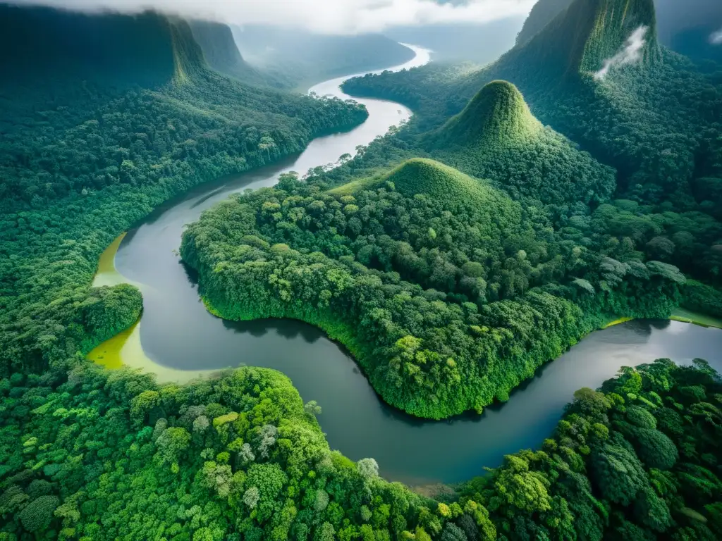 Imagen aérea en 8k de un exuberante y vibrante bosque lluvioso, con un río serpenteante y montañas cubiertas de neblina