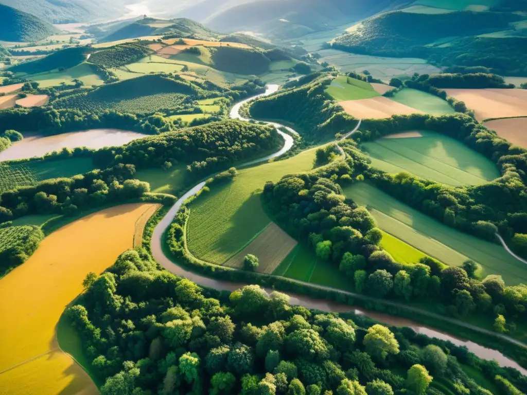 Imagen aérea de un paisaje rural exuberante, con colinas, ríos y bosques densos