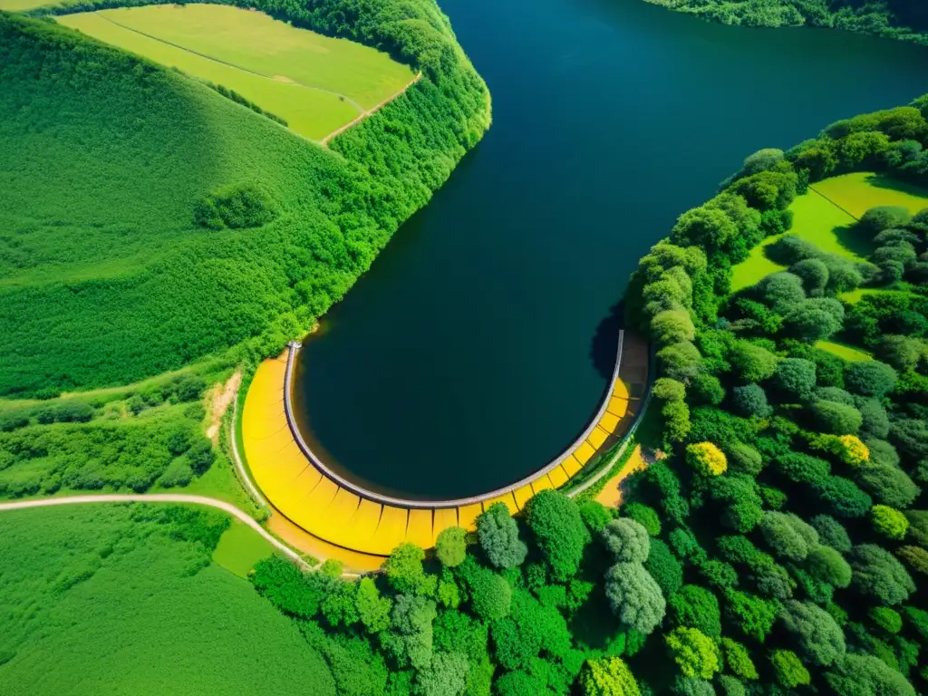 Imagen aérea de un río serpenteando entre un paisaje exuberante, con una presa hidroeléctrica al fondo