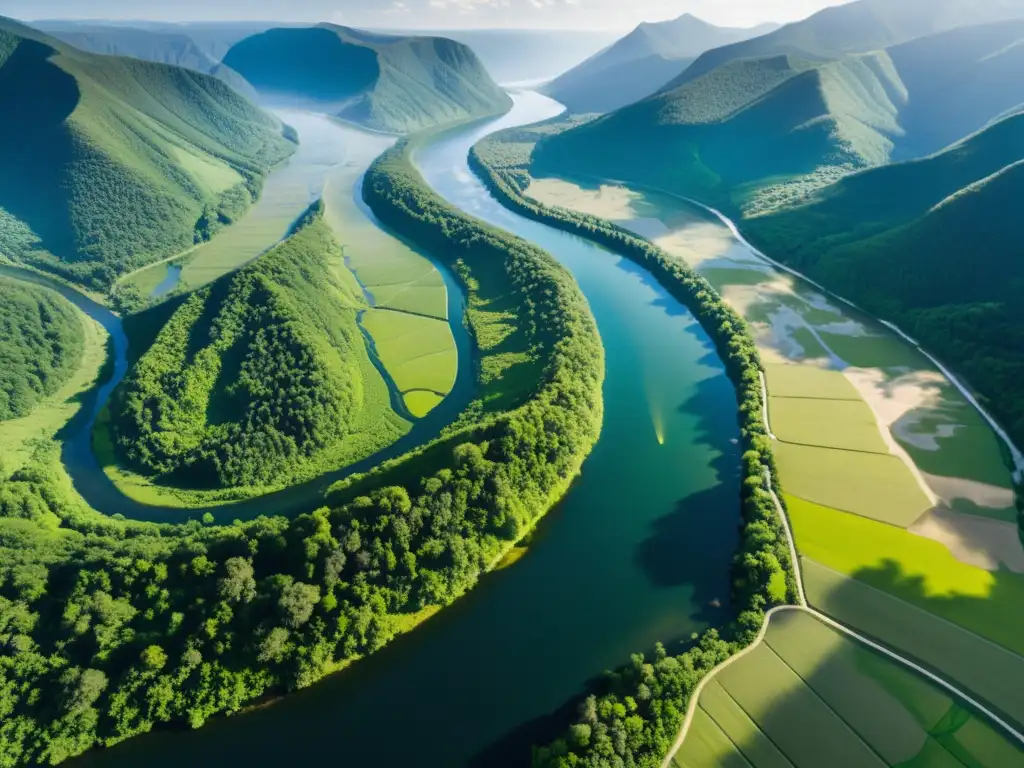 Imagen aérea de ríos, embalses y montañas en un paisaje exuberante, mostrando el impacto ambiental de la energía hidroeléctrica