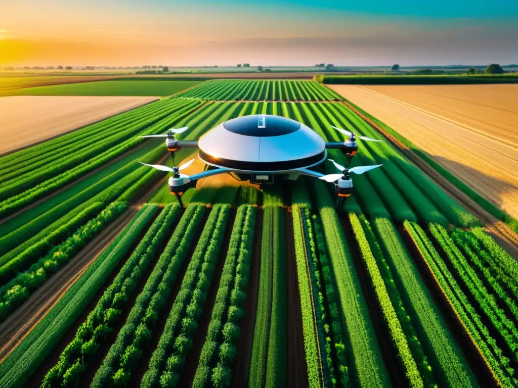 Imagen de alta tecnología en agricultura con integración de 5G en agricultura de precisión, maquinaria automatizada y drones en un campo futurista