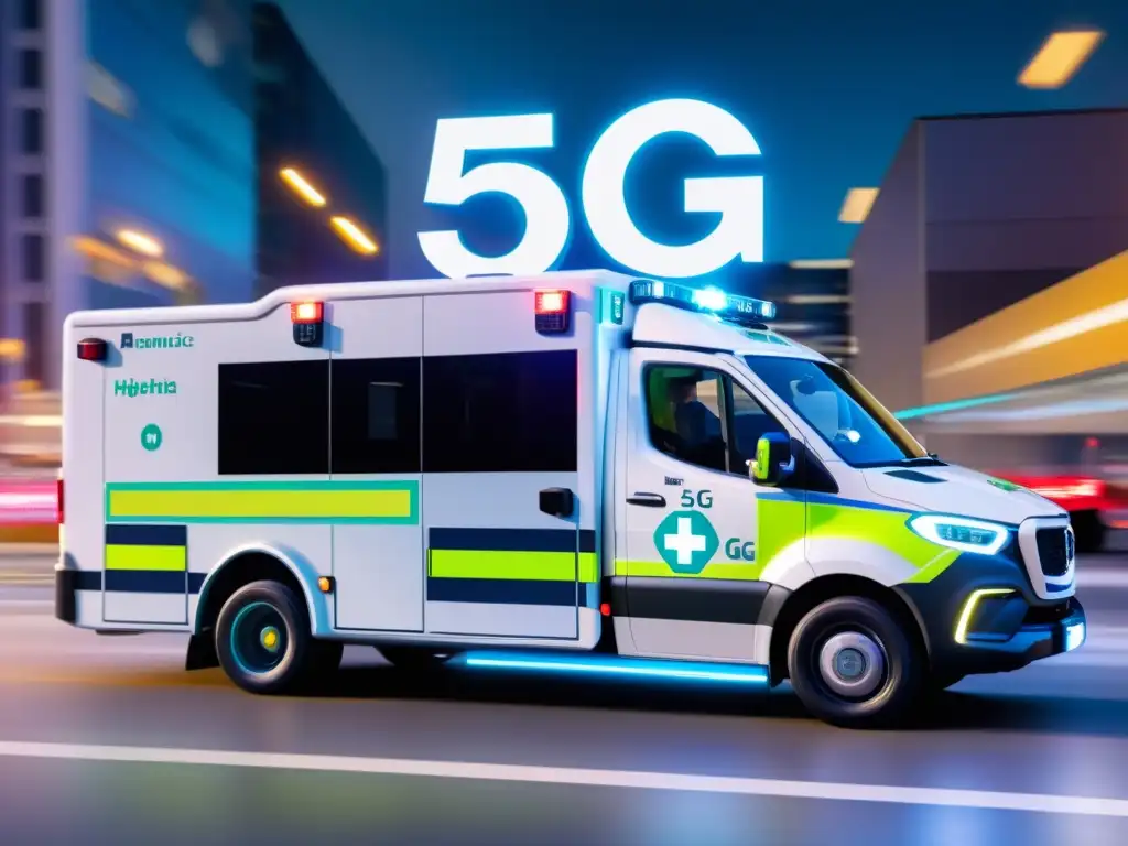 Imagen de una ambulancia futurista con tecnología 5G, mostrando a paramédicos utilizando equipamiento avanzado en una ciudad de noche