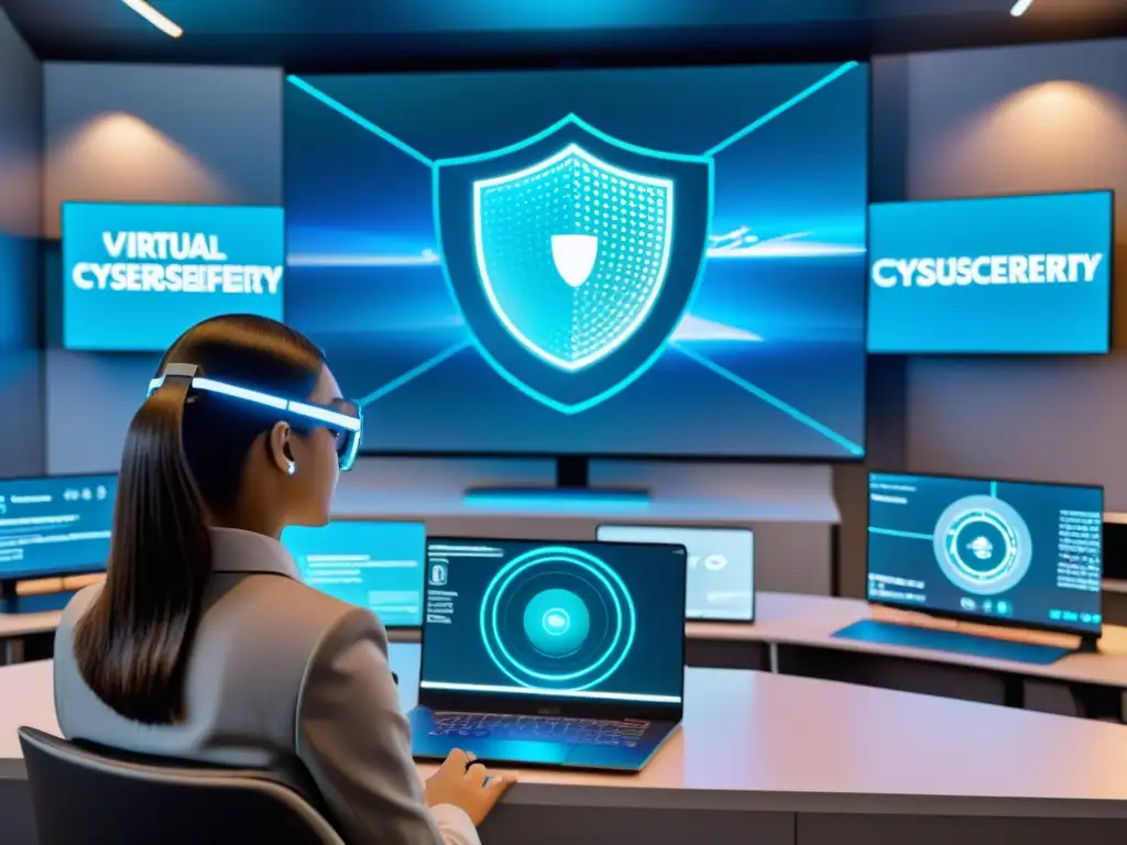 Imagen 8k de aula virtual futurista con hologramas de ciberseguridad, enseñanza de ciberseguridad en educación virtual