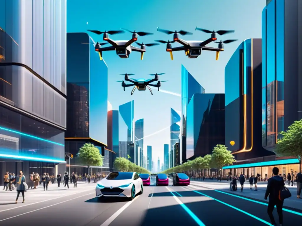 Metrópolis futurista: vida cotidiana en una ciudad inteligente La imagen muestra una calle futurista llena de edificios modernos y tecnología IoT