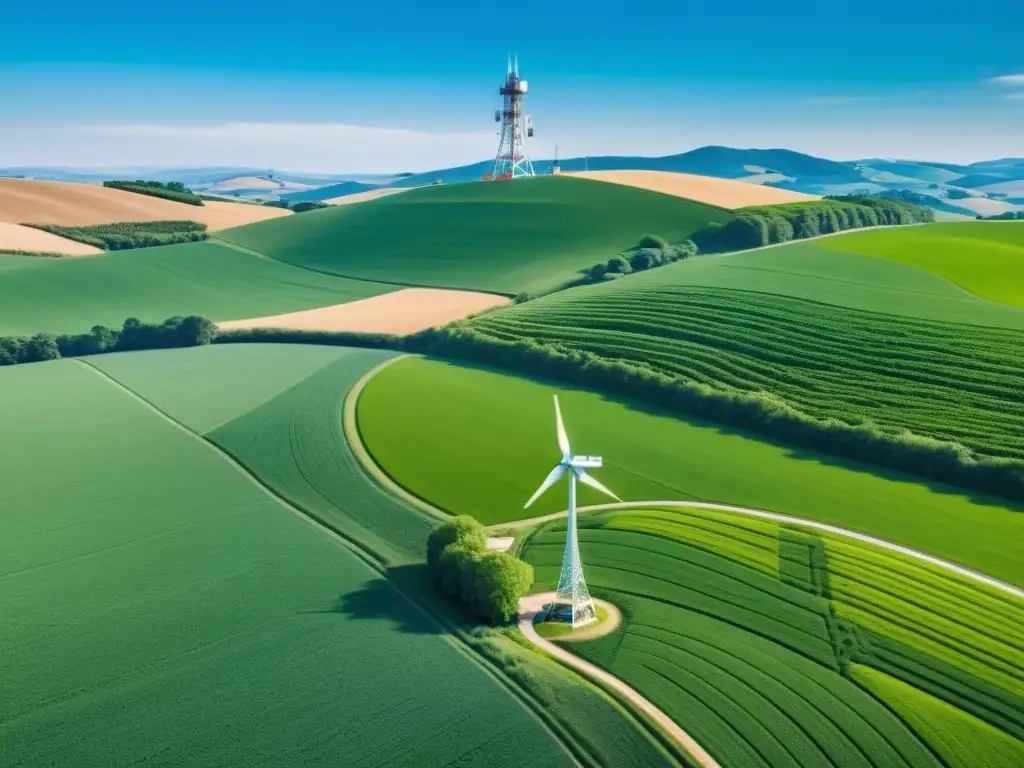 Una imagen del campo con colinas verdes, un cielo azul y una torre 5G integrada con la naturaleza, junto a maquinaria agrícola moderna