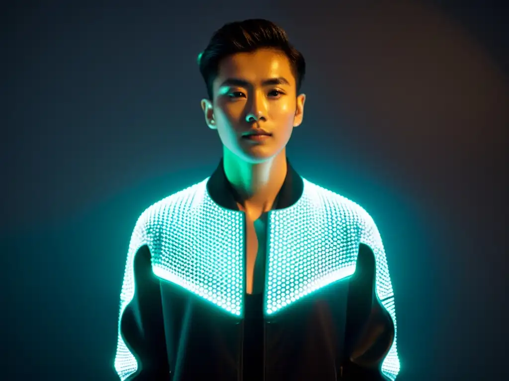 Imagen de una chaqueta inteligente futurista con luces LED integradas, iluminando el rostro del modelo en una habitación tenue