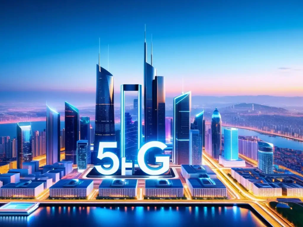 La imagen muestra una ciudad futurista con torres de red 5G integradas en su arquitectura, simbolizando avances tecnológicos en redes 5G