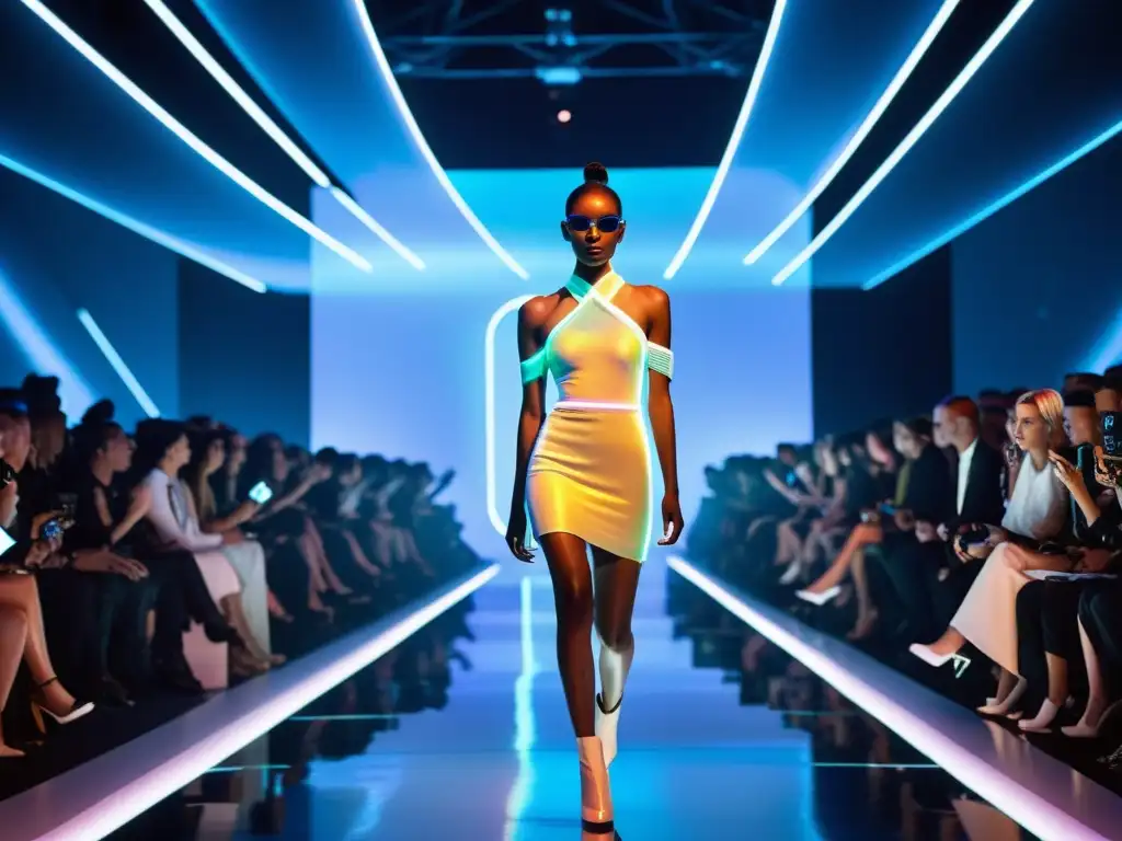 La imagen muestra un desfile de moda futurista con modelos holográficos, diseñadores vanguardistas y una audiencia cautivada