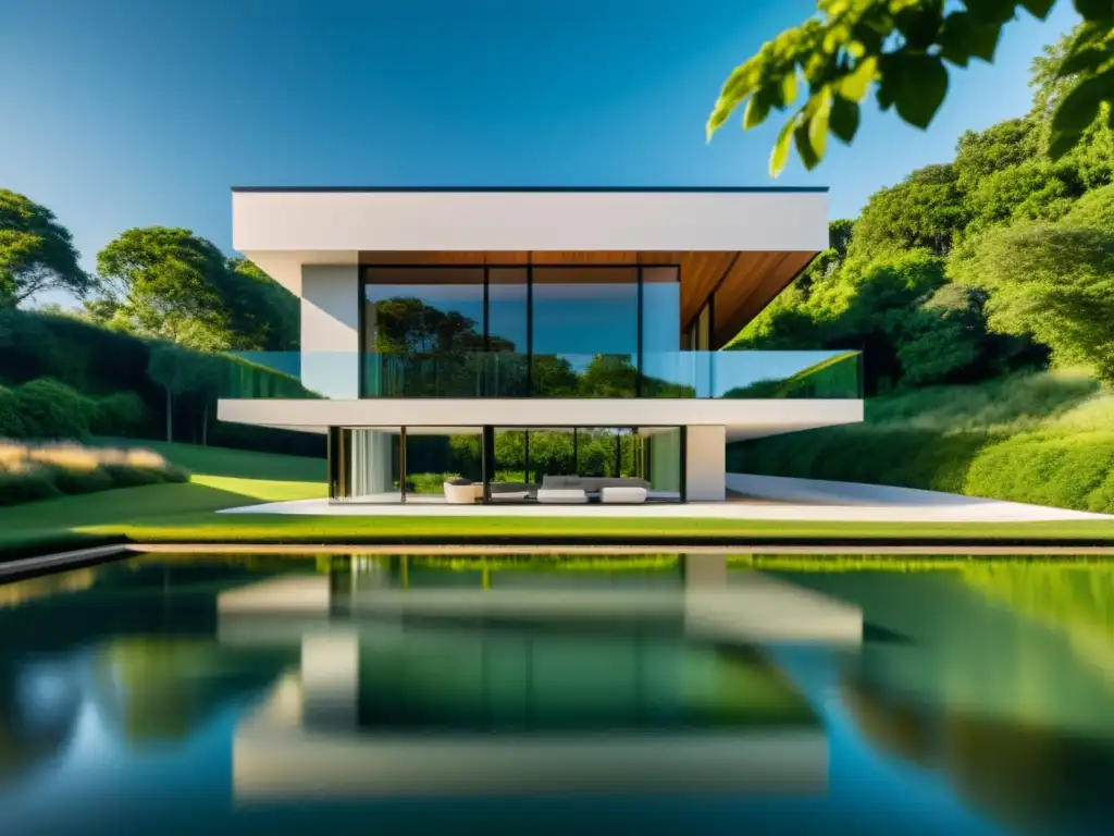 Imagen 8K detallada de arquitectura moderna con líneas elegantes y ventanales, en un entorno natural