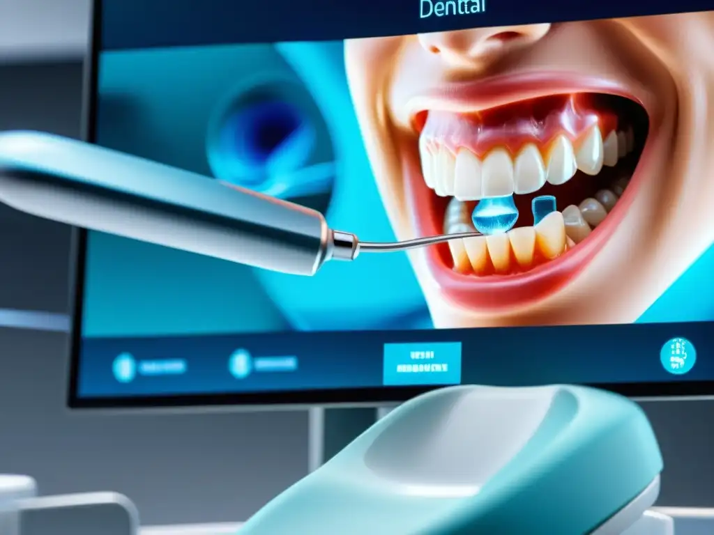 Imagen detallada en 8k de una clínica dental futurista con tecnología de nanomedicina odontológica y herramientas de alta tecnología atómica