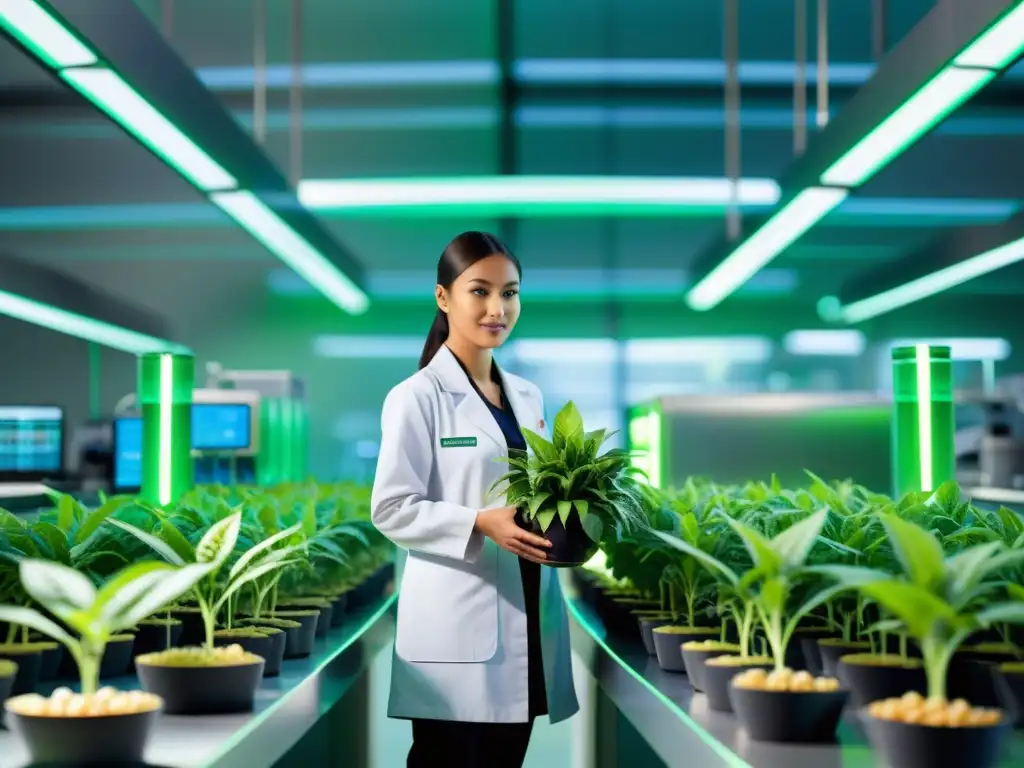 Una imagen detallada de un cultivo transgénico con hojas vibrantes y frutos resistentes a plagas, destacando patrones genéticos brillantes