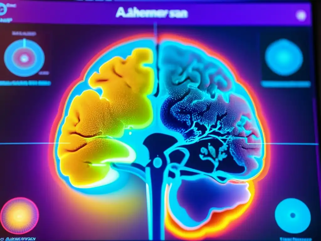 Imagen detallada de escáner cerebral, mostrando signos tempranos de Alzheimer con tecnología biomédica futurista