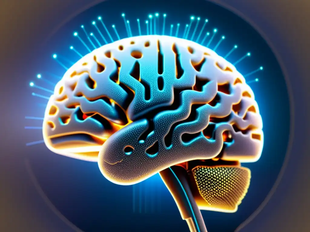 Imagen detallada de una interfaz cerebro-máquina con circuitos y electrodos conectados al cerebro, fusionando bioingeniería y neurociencia