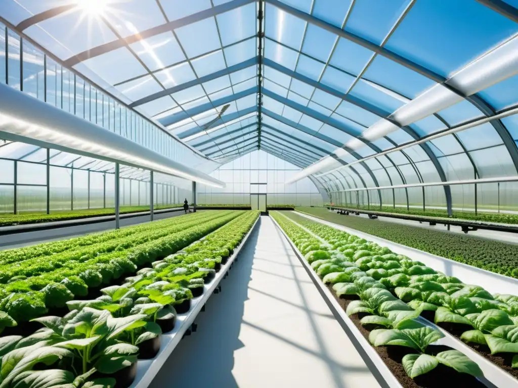 Imagen detallada de un invernadero futurista con técnicas sostenibles para agricultura del futuro