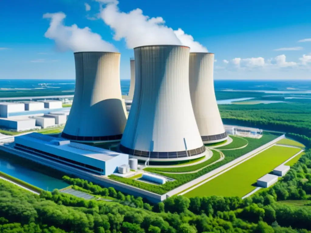 Imagen detallada de una moderna central nuclear, en armonía con la naturaleza y reflejando energía atómica futuro sostenible