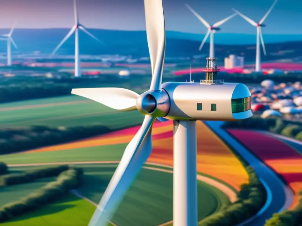 Una imagen 8k detallada de una moderna y elegante turbina de viento en un entorno vibrante y tecnológico