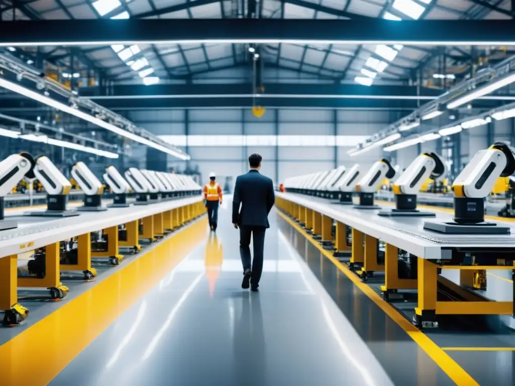 Imagen de una fábrica moderna con tecnología inteligente y trabajadores monitoreando el proceso