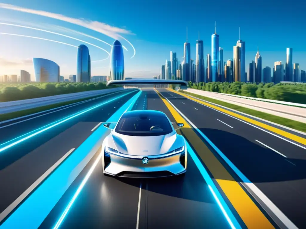 Imagen futurista de un auto autónomo impactando la industria automotriz con tecnología 5G y una infraestructura avanzada en una ciudad inteligente