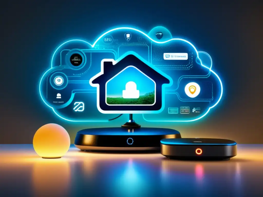 Hogar inteligente futurista: IoT y datos Una imagen futurista de una casa inteligente con dispositivos IoT, rodeada de datos digitales y conexiones de red