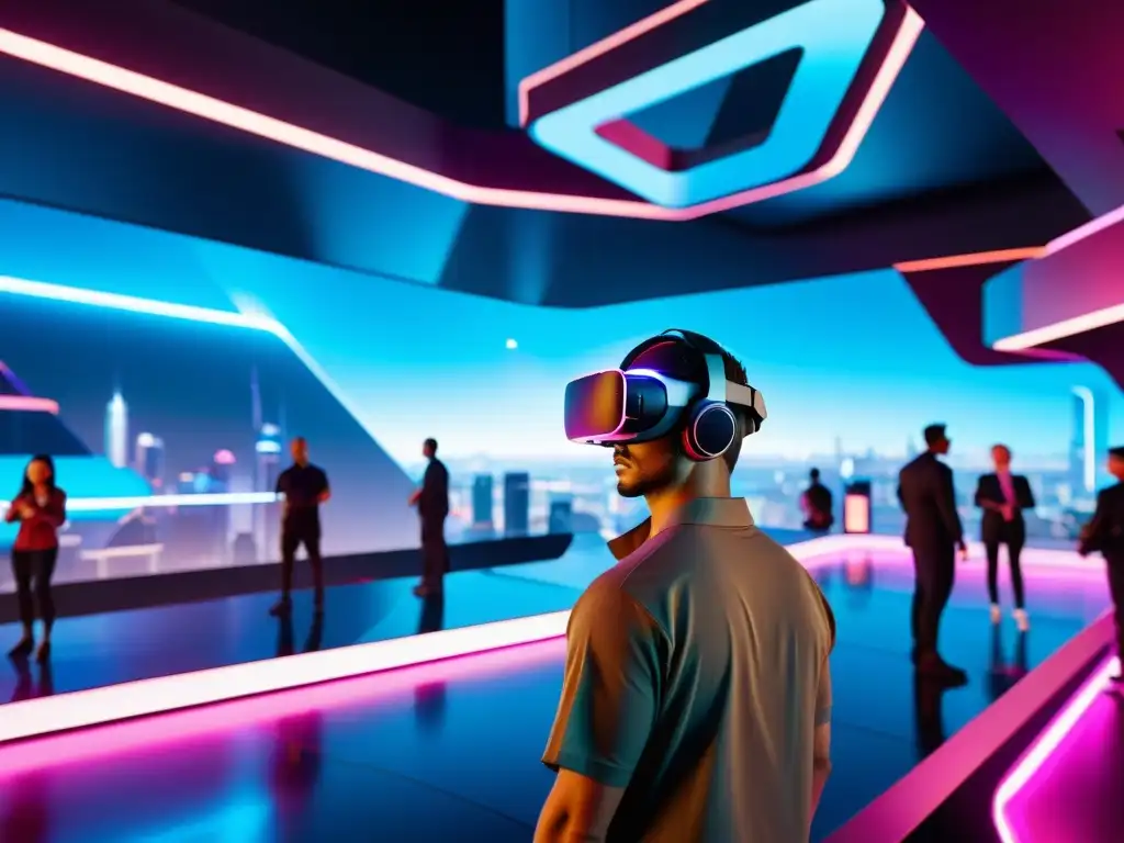 Imagen futurista de un entorno de juego de realidad virtual con arquitectura metálica, luces de neón y personajes AI en acción