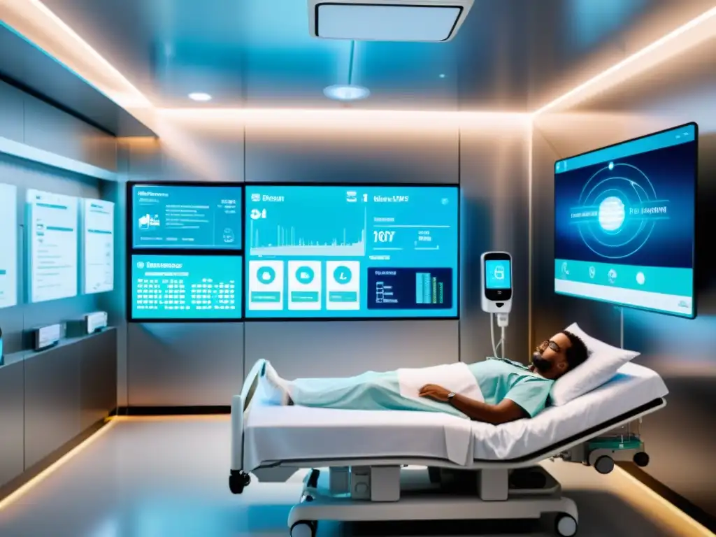 Imagen futurista de una habitación hospitalaria con dispositivos IoT integrados, monitoreando al paciente y profesionales accediendo a datos en interfaces modernas