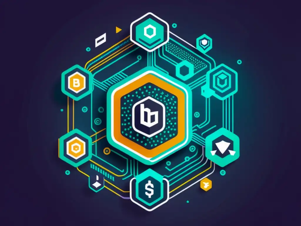 Red de blockchain y ciberseguridad: Protección digital innovadora Imagen futurista de red blockchain y ciberseguridad protegiendo transacciones digitales con elementos visuales dinámicos y colores audaces