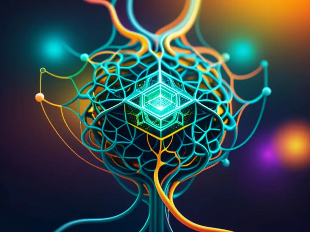 Imagen futurista de redes neuronales y nodos blockchain entrelazados, con colores vibrantes