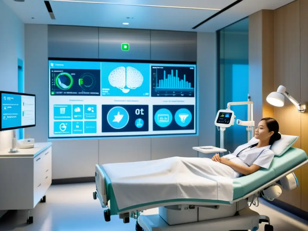 Imagen de una habitación hospitalaria futurista con automatización hospitalaria basada en IoT, mostrando tecnología avanzada y atmósfera serena