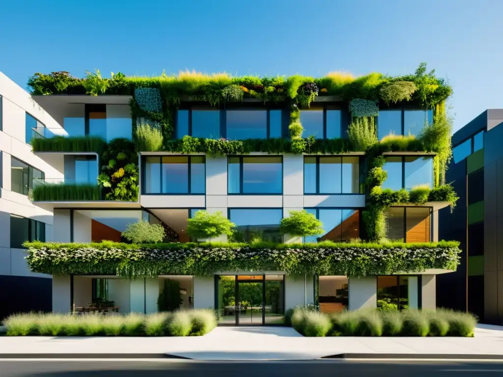 Imagen impactante de un edificio sostenible, con diseño moderno y jardines verticales, paneles solares y ventanas energéticamente eficientes