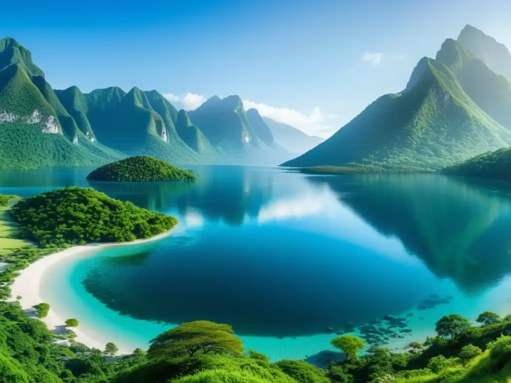 Imagen impactante de un paisaje natural virgen, con exuberante vegetación, agua cristalina y un cielo azul vibrante