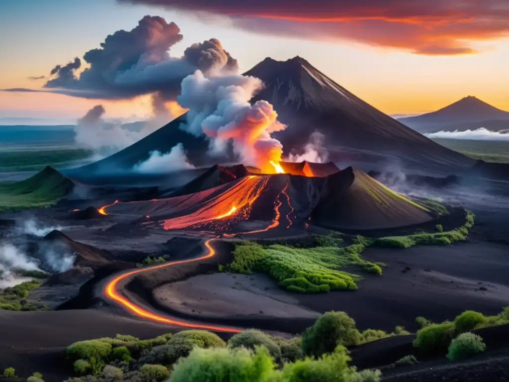 Imagen impactante de un paisaje volcánico con un majestuoso volcán activo expulsando humo y ceniza, en un cielo vibrante al atardecer