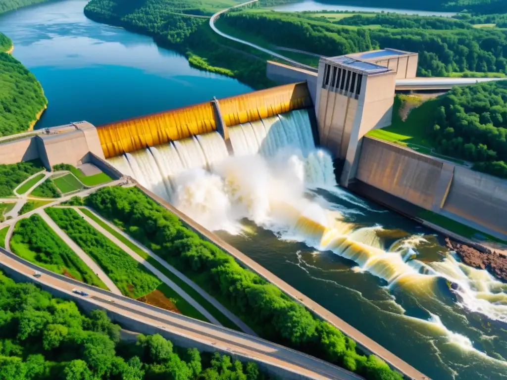 Imagen impactante de un río con una presa hidroeléctrica al fondo, mostrando la belleza natural y el impacto ambiental de la energía hidroeléctrica