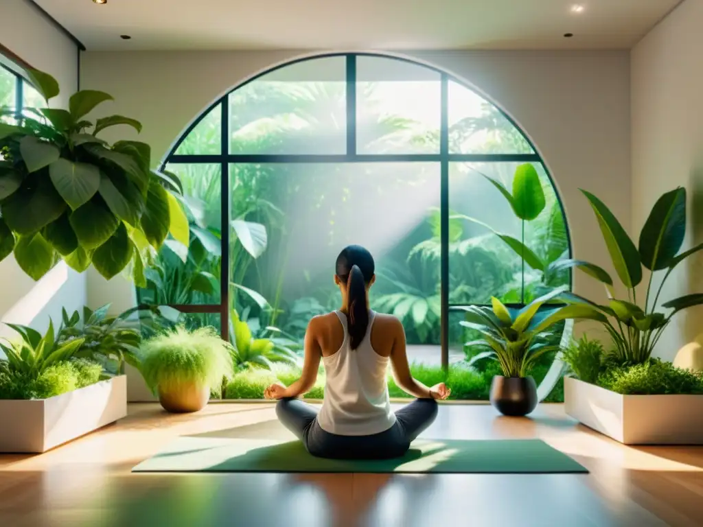 Una imagen impactante de salud mental 5G: persona meditando en una habitación minimalista con plantas verdes, bañada por cálida luz natural