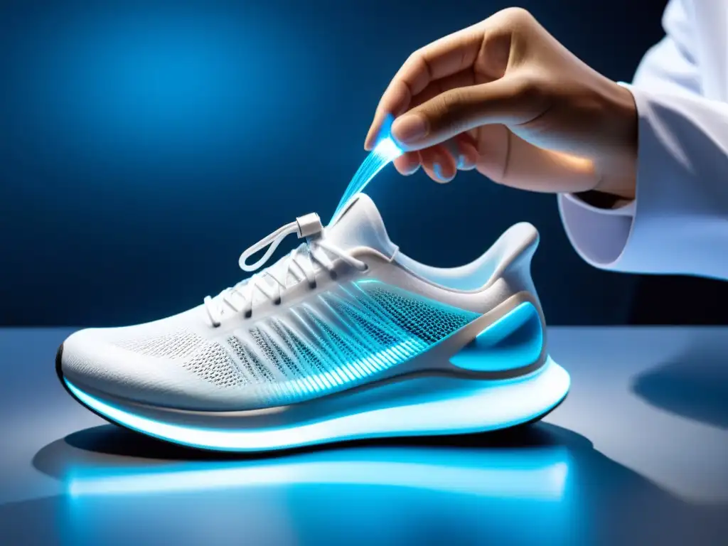 Imagen impactante de zapatilla deportiva con nanotecnología transparente e innovadora en un laboratorio futurista