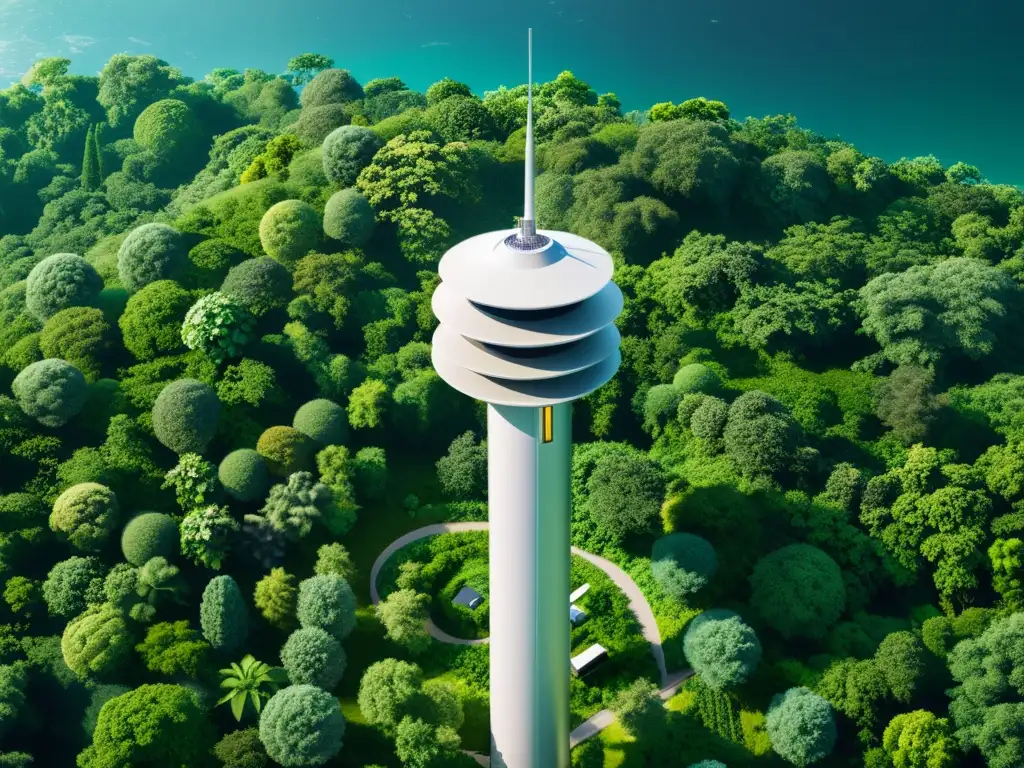 Imagen impacto ambiental tecnología 5G: torre futurista integrada en un paisaje exuberante, armonía entre innovación y naturaleza