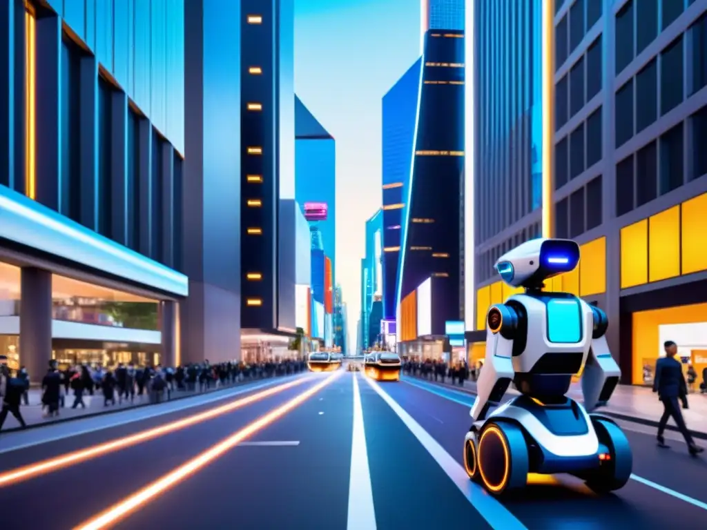 Imagen de impacto de robots y tecnología en ciudades del futuro con vibrantes luces y avanzada interacción con personas