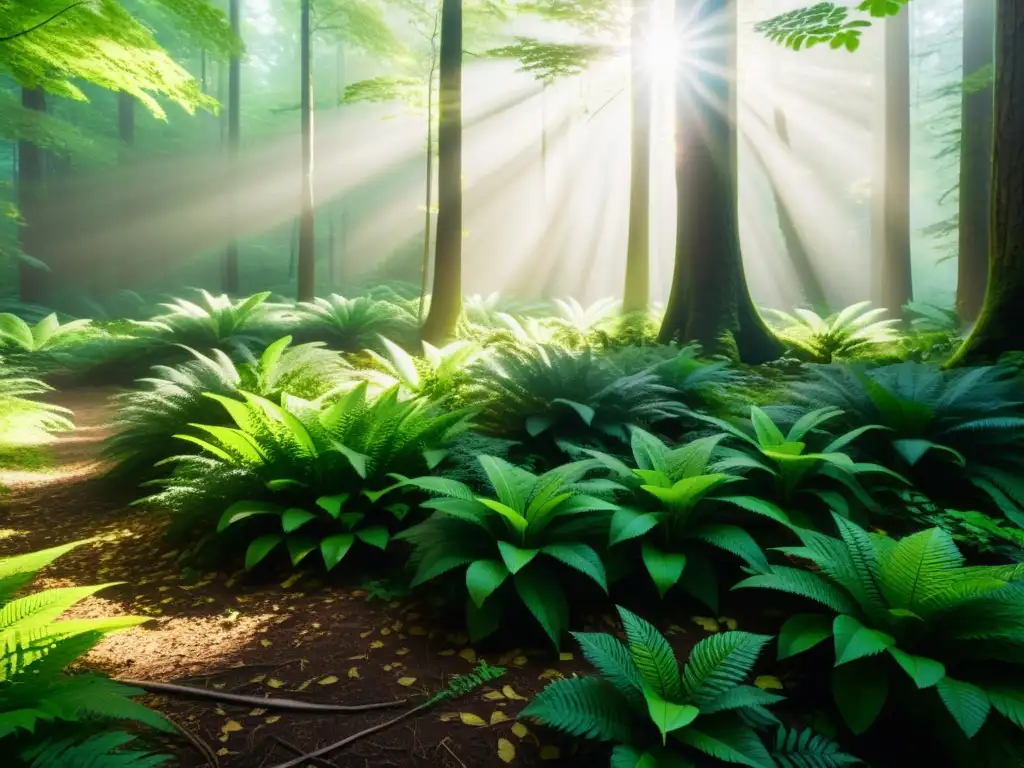 Imagen 8k impresionante de un exuberante bosque, con luz solar creando patrones de luz y sombra en el suelo del bosque