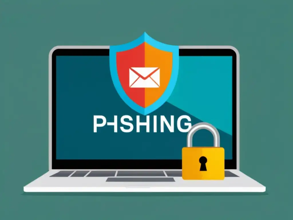 Imagen de laptop con email de phishing y símbolos de seguridad, resaltando la importancia de evitar el phishing en correo electrónico