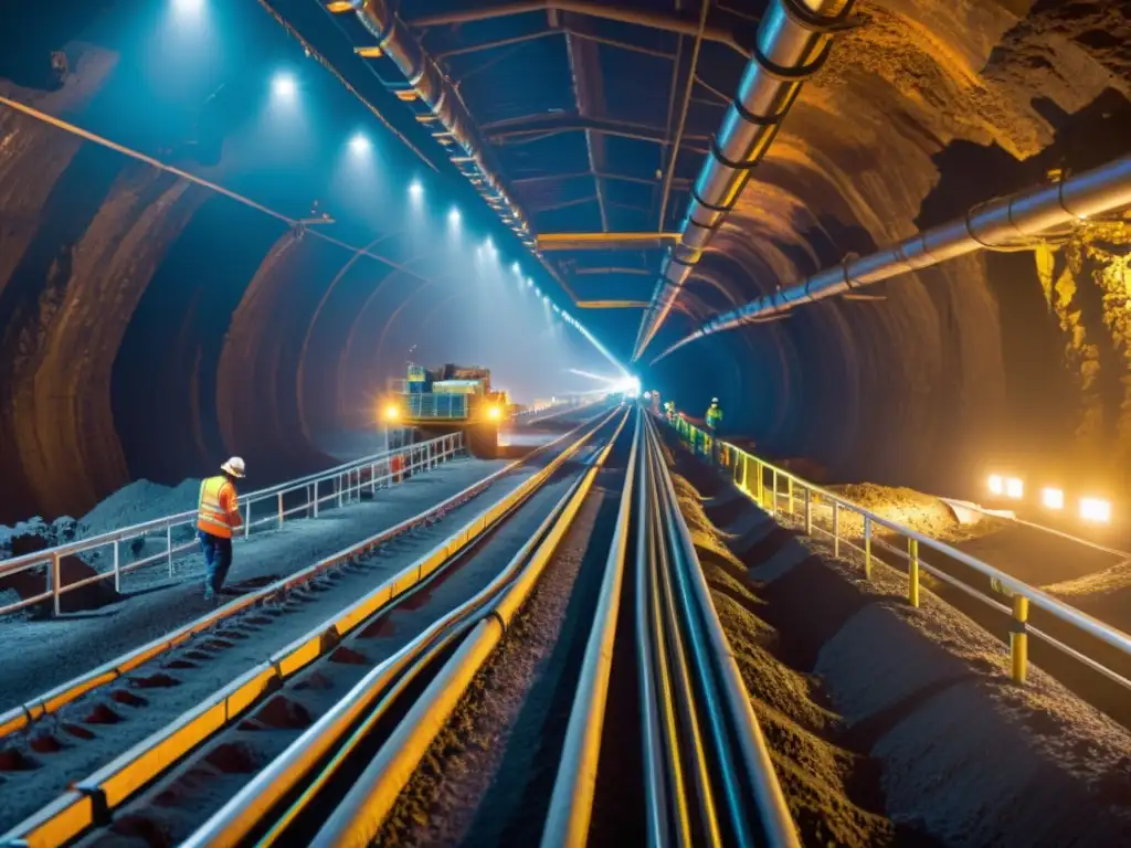 Una imagen moderna de minería subterránea con tecnología IoT avanzada, iluminación LED futurista y maquinaria industrial