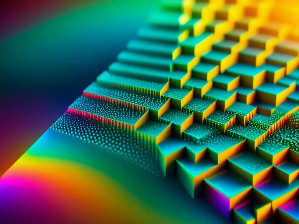 Nanoestructuras en Microscopio: Tecnología Fotónica de Vanguardia Imagen de nanoestructuras con colores iridiscentes, reflejando la manipulación de la luz a escala nanométrica