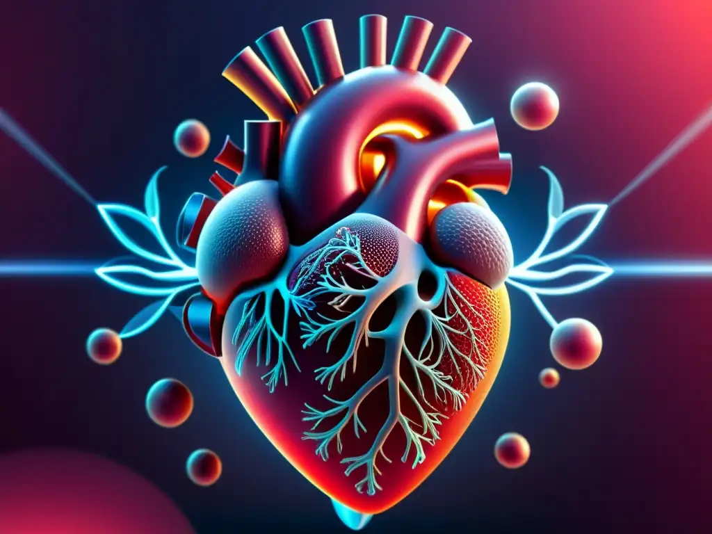 Imagen 8k de nanomedicina cardiovascular futurista, protección precisa del corazón con tecnología avanzada y estructuras moleculares detalladas