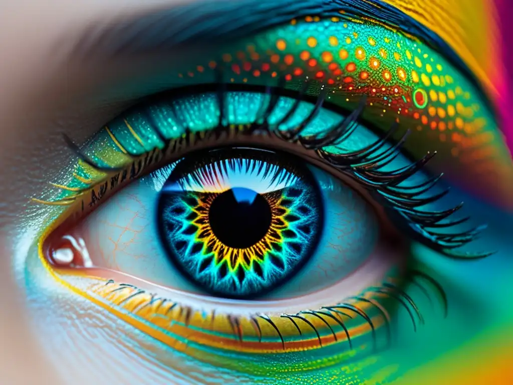 La imagen muestra un ojo detallado escaneando para biometría avanzada para seguridad online, con patrones intrincados y colores vibrantes