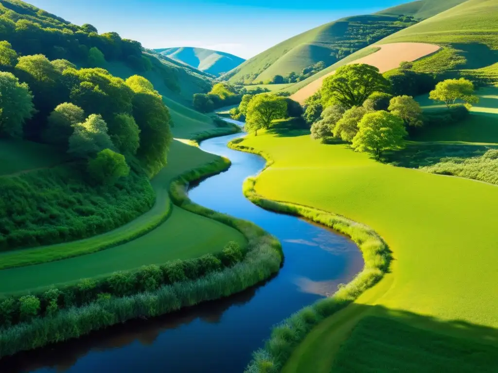 Imagen de un paisaje exuberante y sereno, con colinas verdes, cielo azul y un arroyo tranquilo