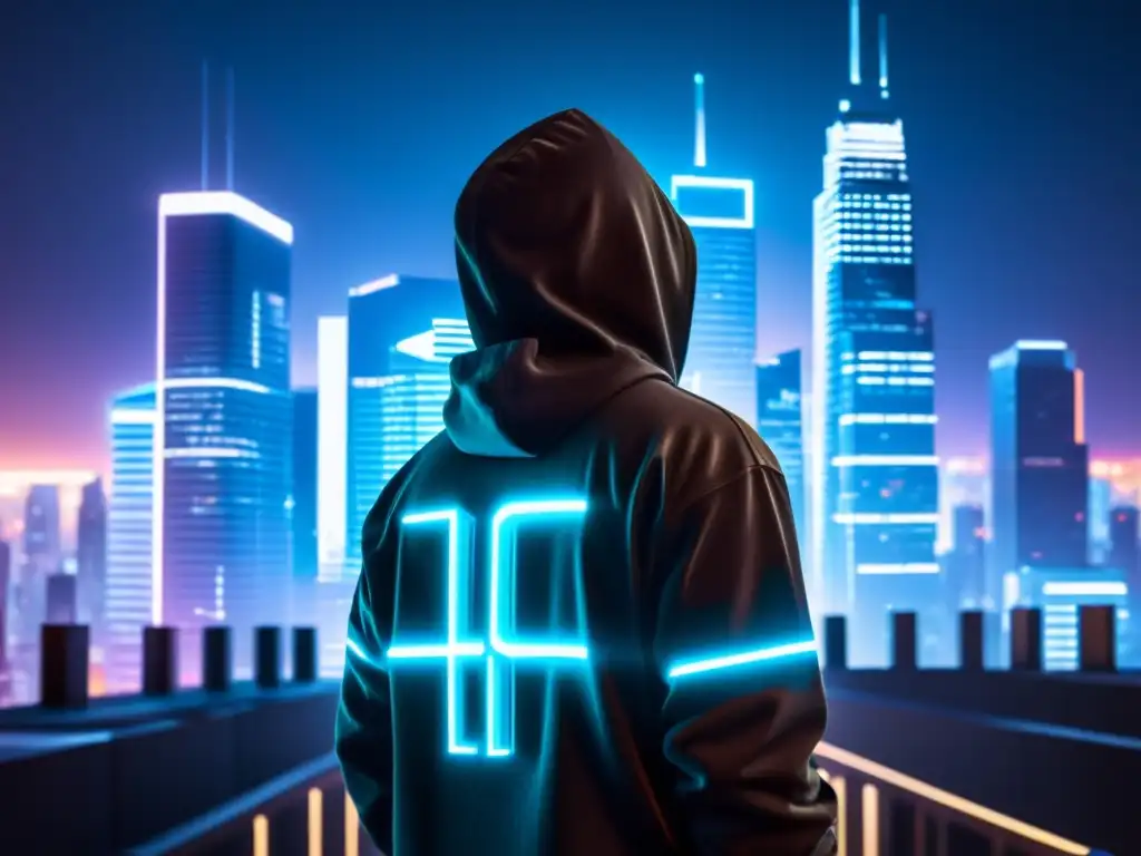 Imagen de un paisaje urbano futurista oscuro iluminado por códigos de hacking neon