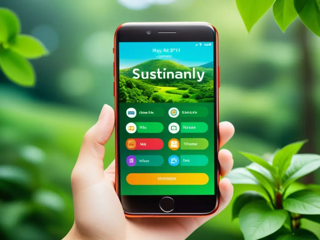 Imagen de pantalla de smartphone con apps sostenibles para estilo de vida, rodeada de naturaleza y tecnología ecofriendly